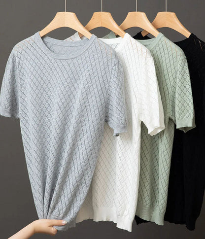 Vic – Fijngebreide T-Shirt met Diamantpatroon