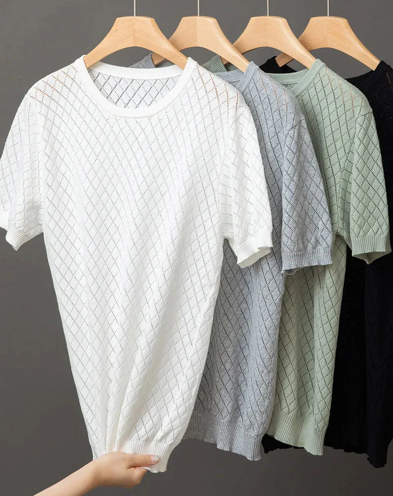 Vic – Fijngebreide T-Shirt met Diamantpatroon