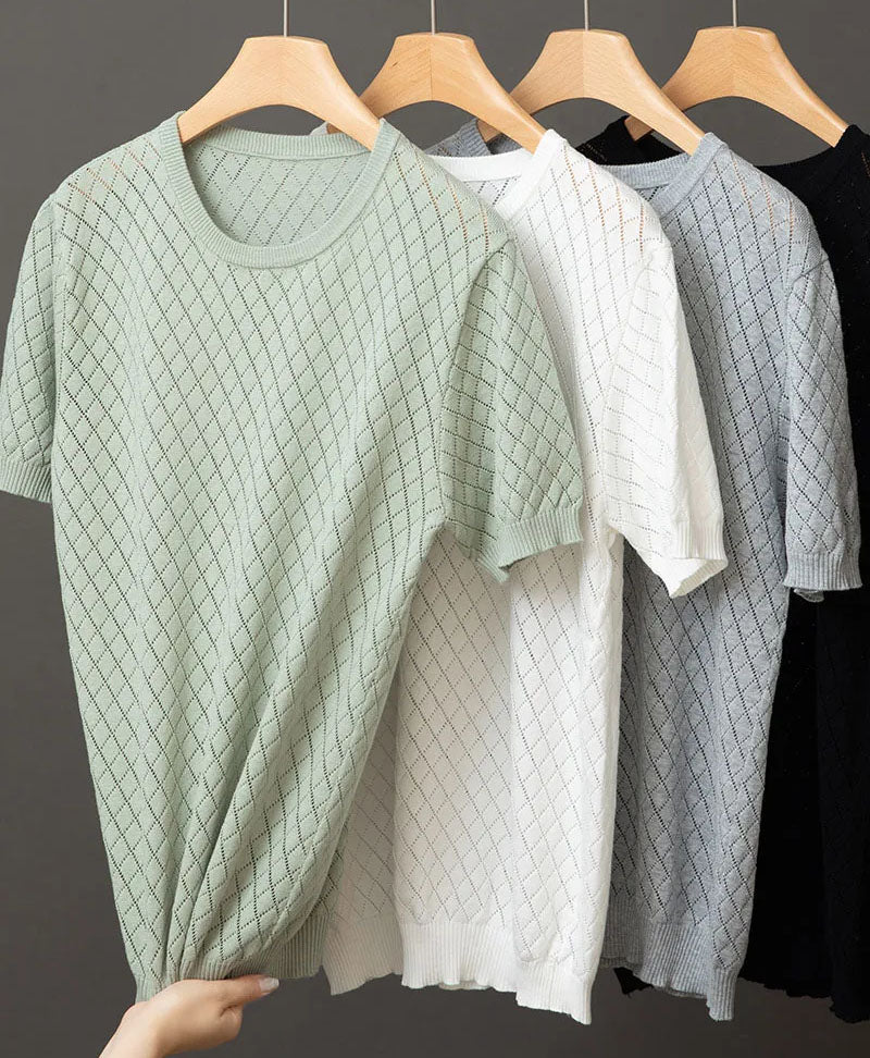 Vic – Fijngebreide T-Shirt met Diamantpatroon
