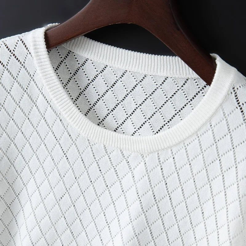 Vic – Fijngebreide T-Shirt met Diamantpatroon